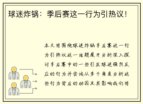球迷炸锅：季后赛这一行为引热议！